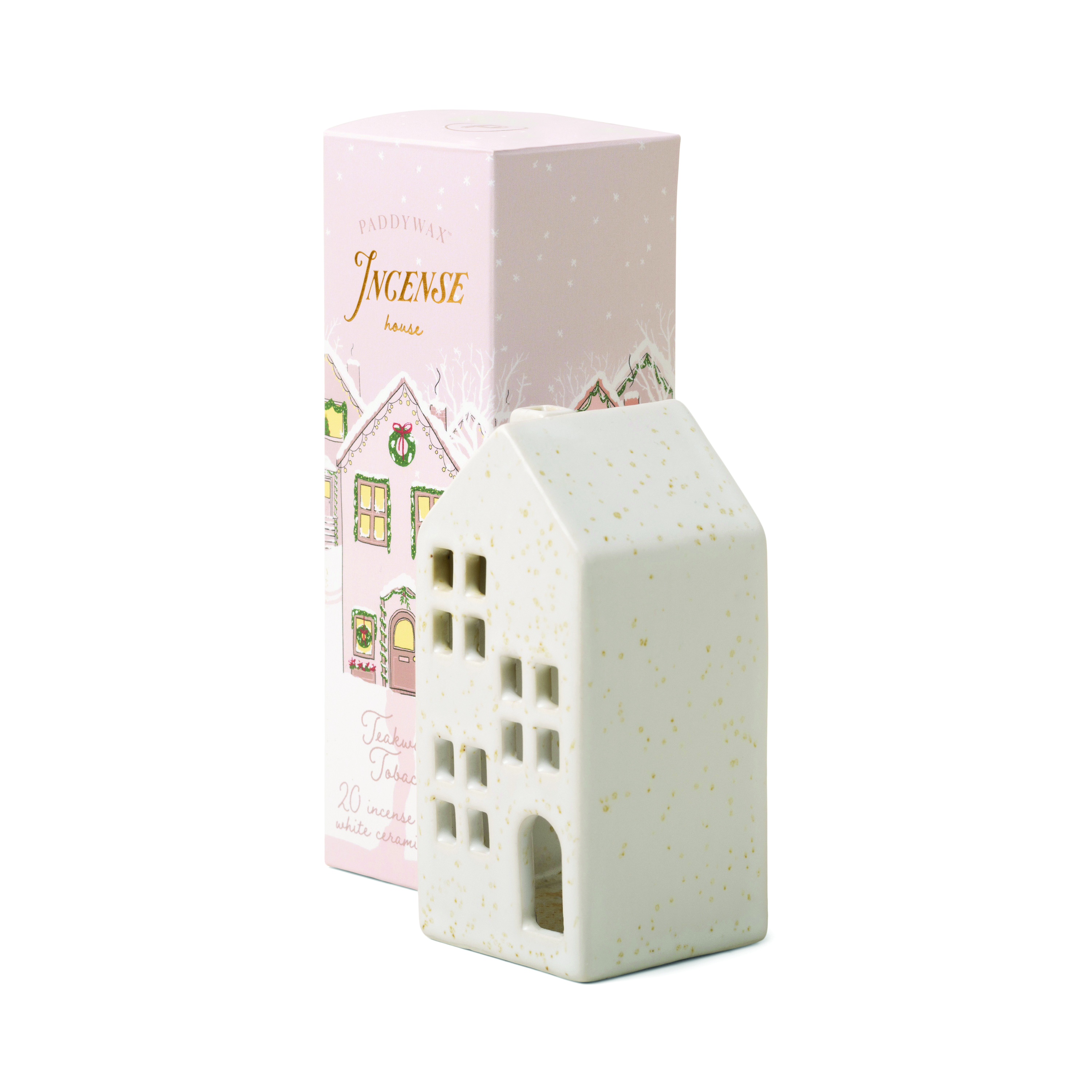 Paddywax Incense Holiday Village Ceramic - bijela kućica za 20 čunjeva tamjana - duhan od tikovine